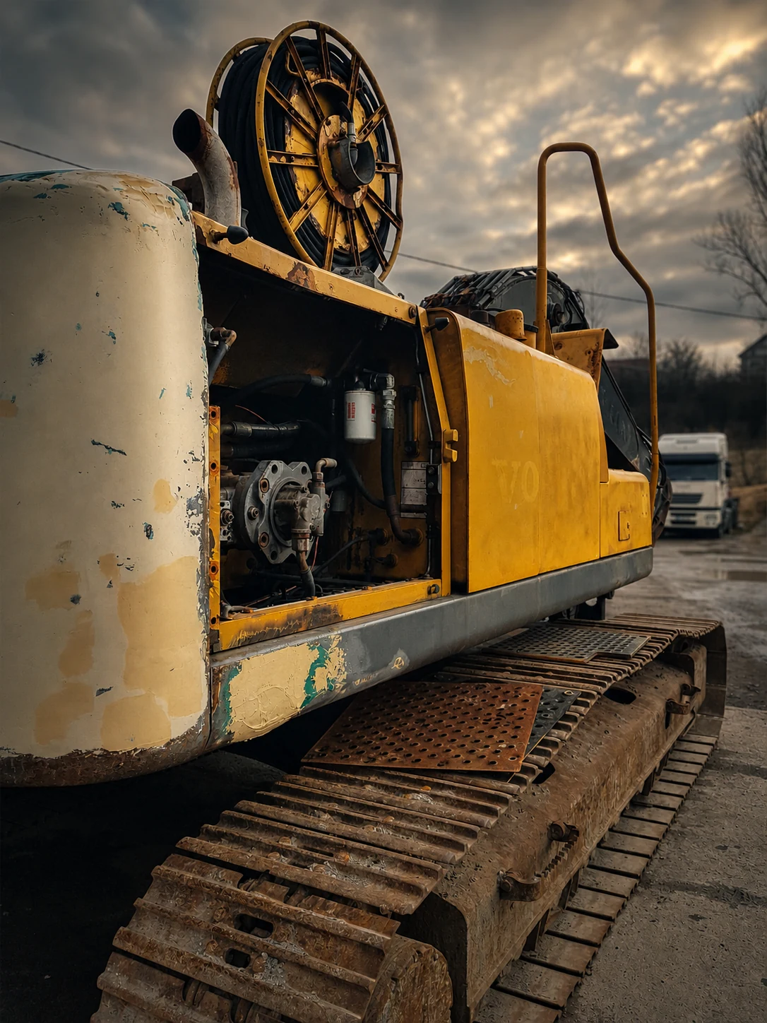 Otwarty przedział hydrauliczny maszyny gąsienicowej